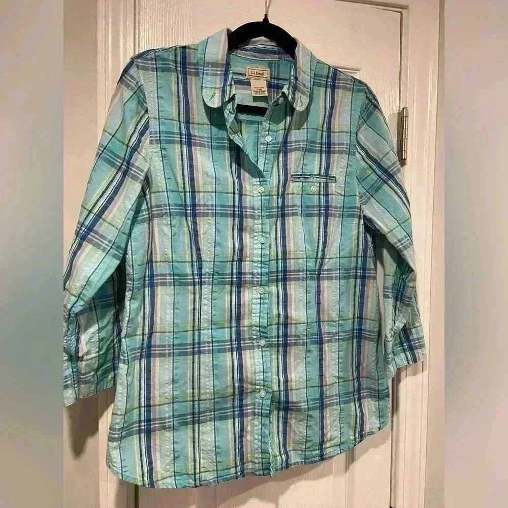 L.L. Bean Women’s Turquoise Textured Cotton Plaid 3/4 Sleeve Button Down Size S